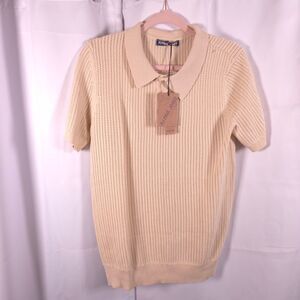 NWT PJ Paul Jones Beige Open Knit Polo Short Sleeve Sweater Mens Small